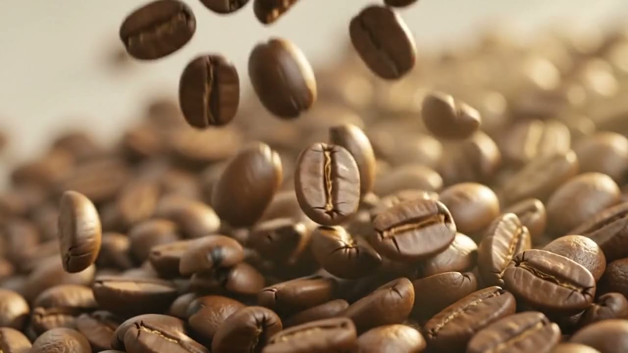 Roasted coffee beans cascading in golden light
