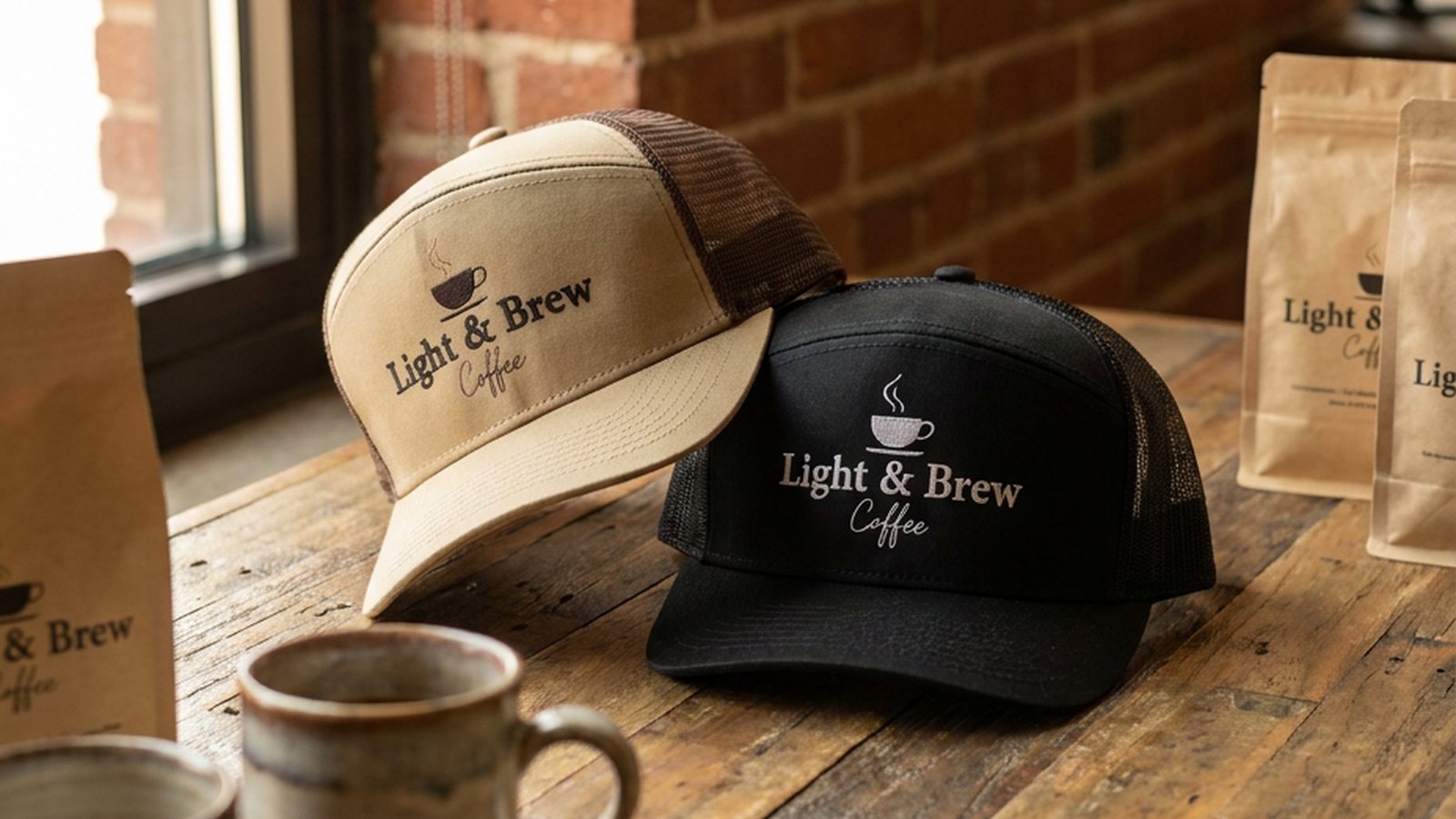 Light and Brew trucker caps on a wooden table