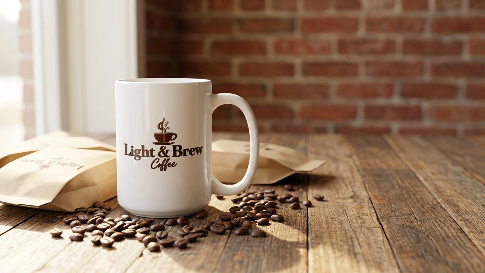 Light and Brew ceramic mugs on a wooden table